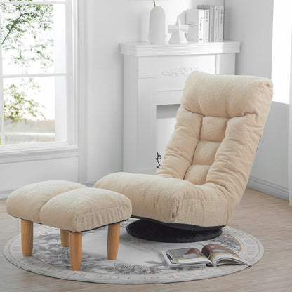 Fauteuil inclinable manuel pivotant à 360°, rembourré en tissu boucle beige, sans accoudoirs, avec pouf, appui-tête et dossier réglables