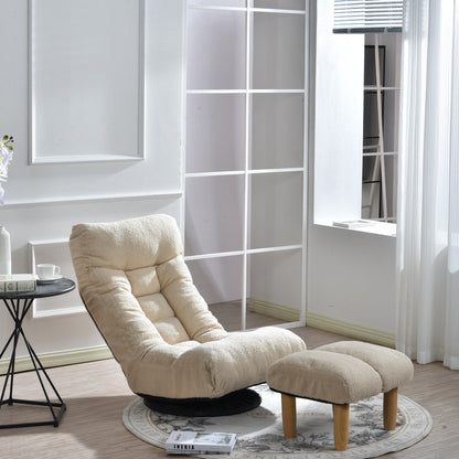 Fauteuil inclinable manuel pivotant à 360°, rembourré en tissu boucle beige, sans accoudoirs, avec pouf, appui-tête et dossier réglables