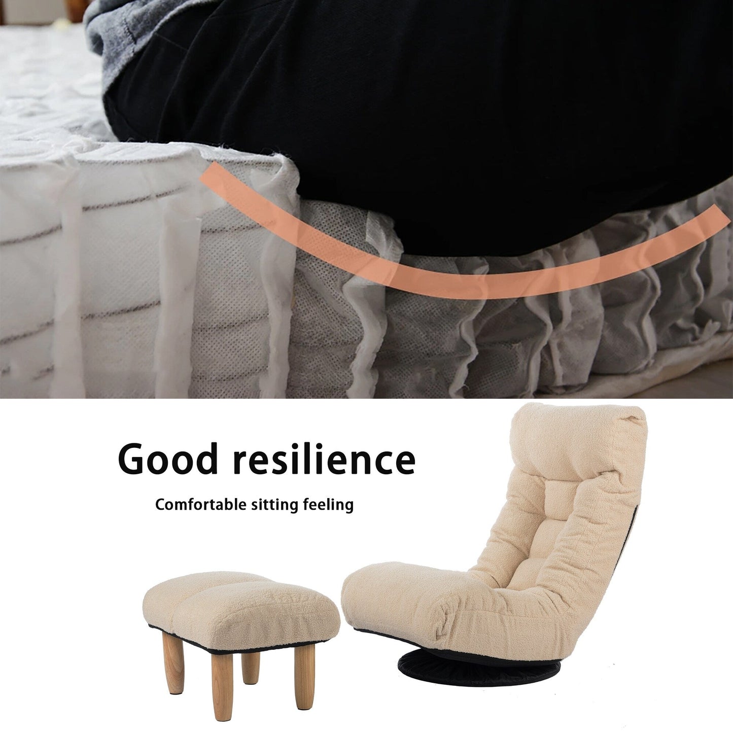 Fauteuil inclinable manuel pivotant à 360°, rembourré en tissu boucle beige, sans accoudoirs, avec pouf, appui-tête et dossier réglables