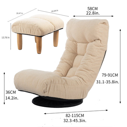 Fauteuil inclinable manuel pivotant à 360°, rembourré en tissu boucle beige, sans accoudoirs, avec pouf, appui-tête et dossier réglables