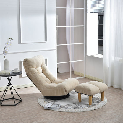 Fauteuil inclinable manuel pivotant à 360°, rembourré en tissu boucle beige, sans accoudoirs, avec pouf, appui-tête et dossier réglables