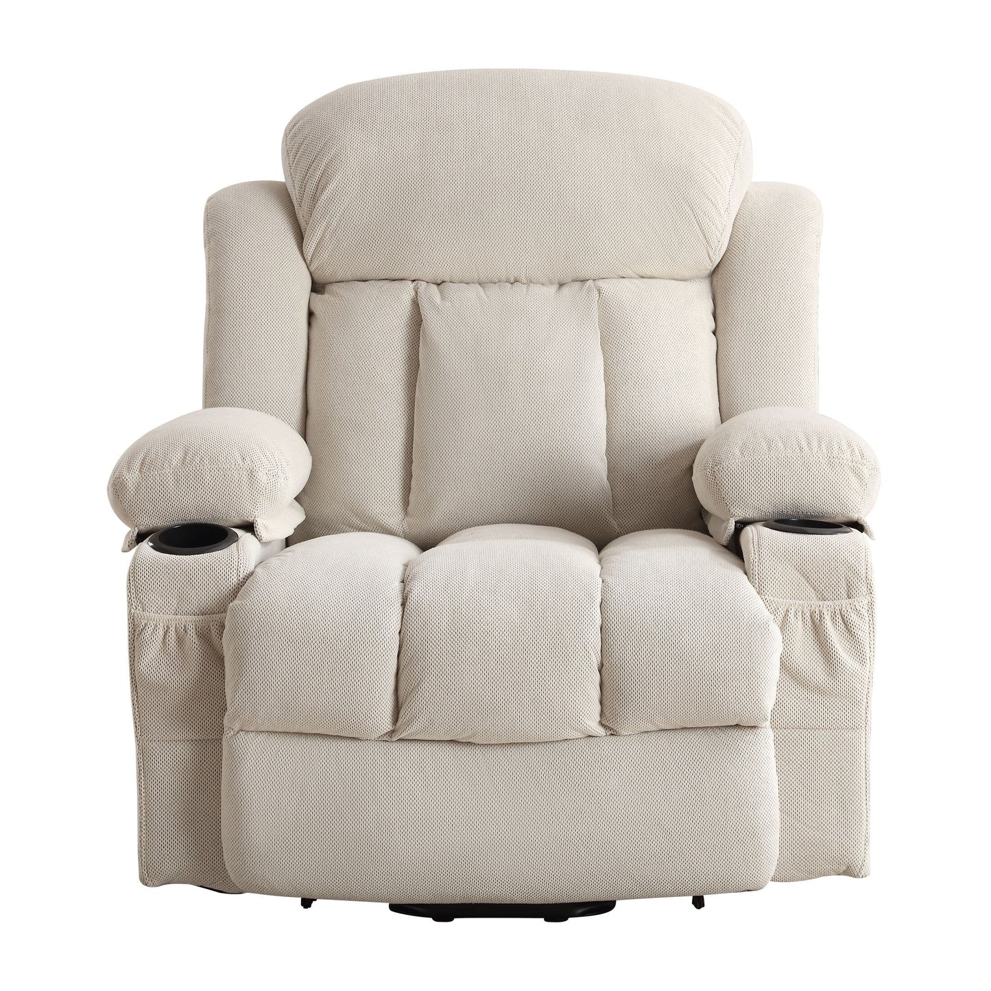 Fauteuil inclinable massant électrique surdimensionné en tissu respirant beige avec massage, chauffage lombaire, 2 porte-gobelets et port USB