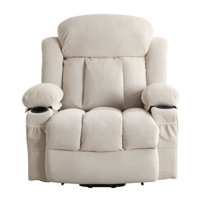 Fauteuil inclinable massant électrique surdimensionné en tissu respirant beige avec massage, chauffage lombaire, 2 porte-gobelets et port USB
