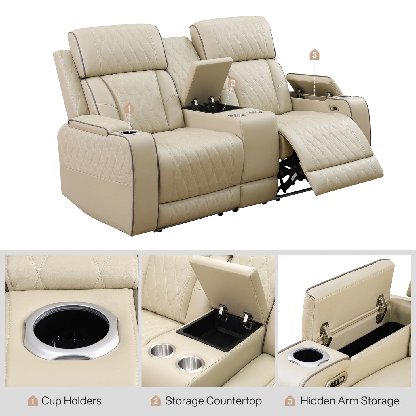 Ensemble de canapés inclinables de salon 3 pièces en cuir respirant beige