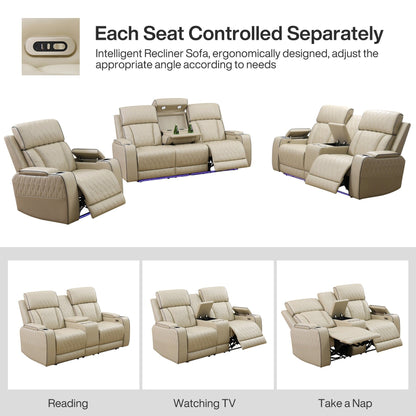 Ensemble de canapés inclinables de salon 3 pièces en cuir respirant beige