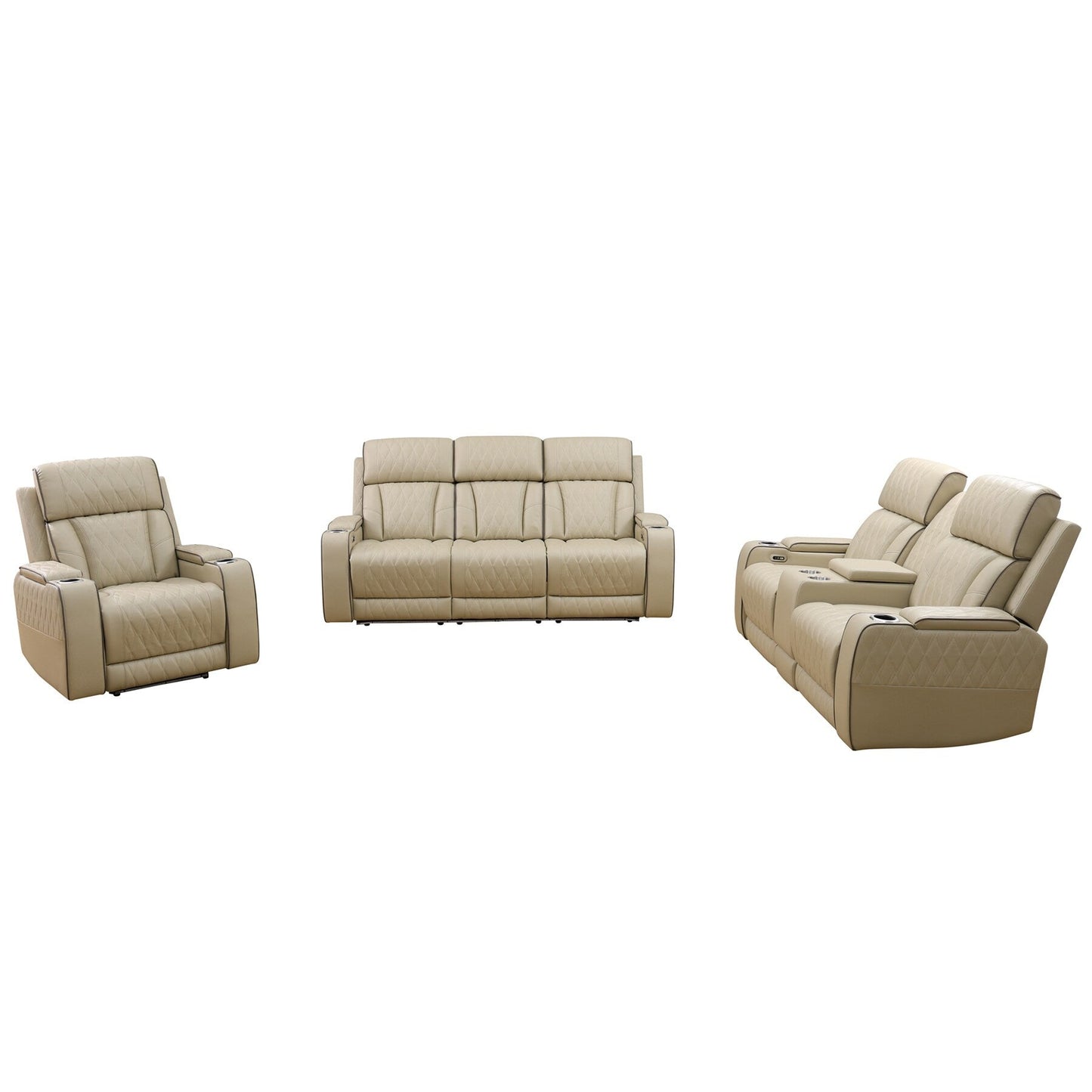 Ensemble de canapés inclinables de salon 3 pièces en cuir respirant beige