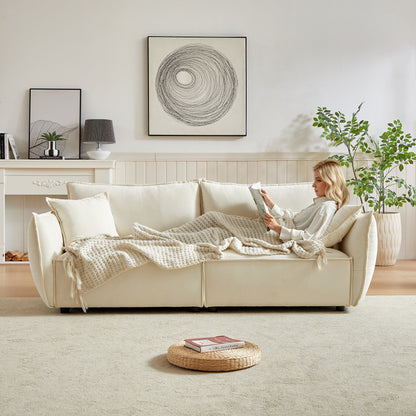 Canapé 3 places en chenille beige avec coussins supplémentaires