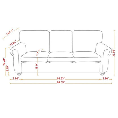 Canapé 3 places en chenille beige avec accoudoirs roulés