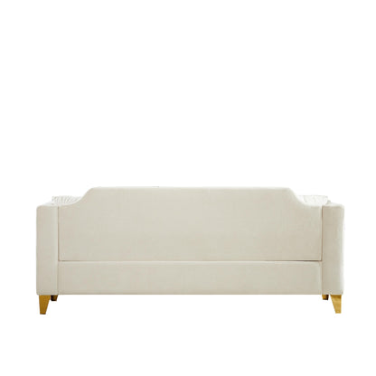 Canapé 3 places capitonné en chenille beige avec décoration cloutée en cuivre