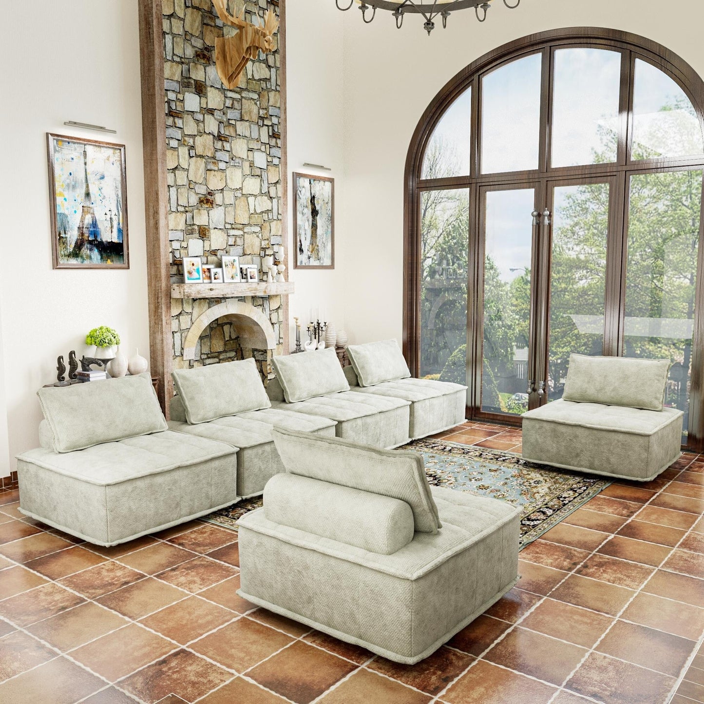 Ensemble de canapés modulaires 6 pièces en chenille beige