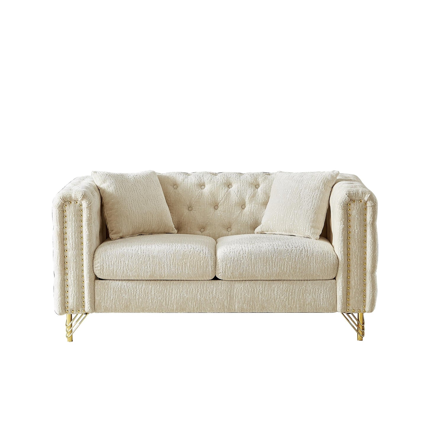 Canapé causeuse capitonné en chenille beige avec pieds en métal