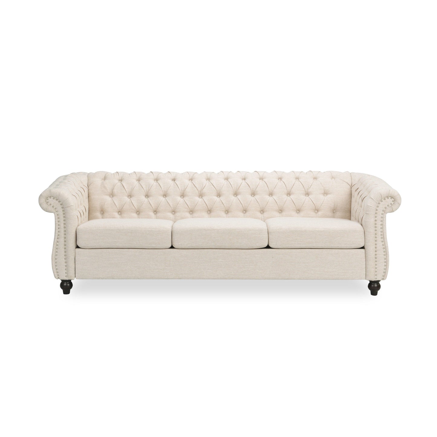 Canapé 3 places Chesterfield beige 84,75, capitonné, avec clous et pieds en bois