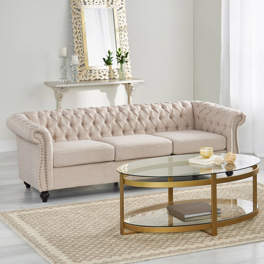 Canapé 3 places Chesterfield beige capitonné avec boutons et clous