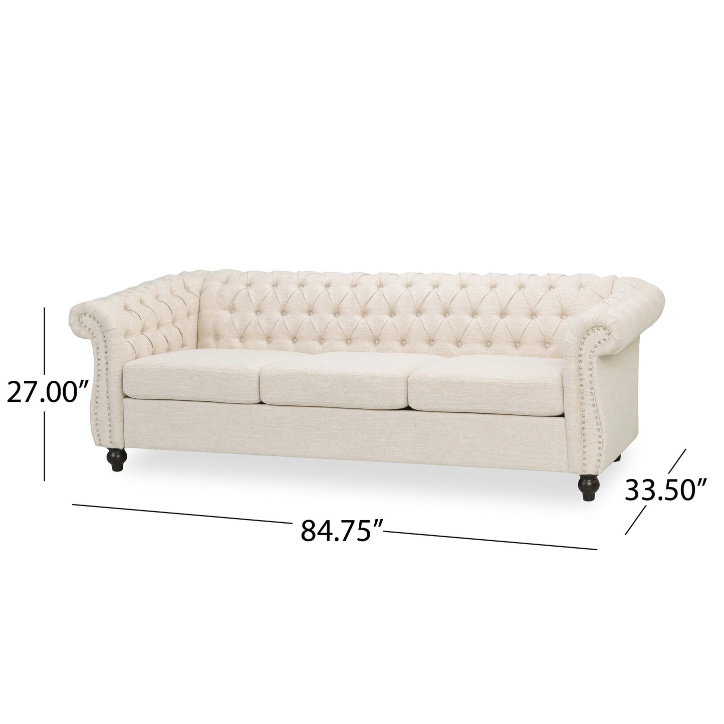 Canapé 3 places Chesterfield beige capitonné avec boutons et clous