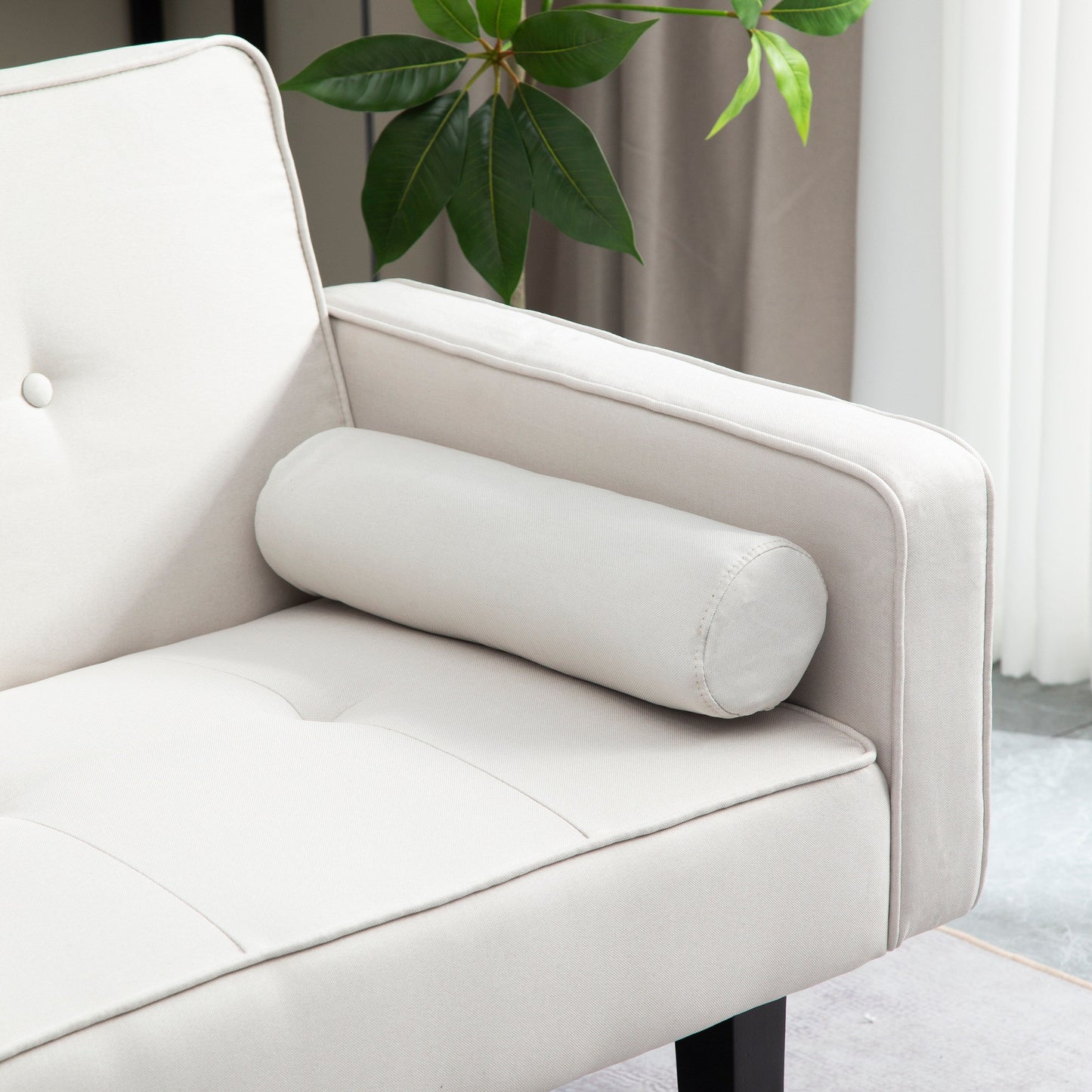 Canapé-lit futon 3 places convertible beige avec pieds en bois