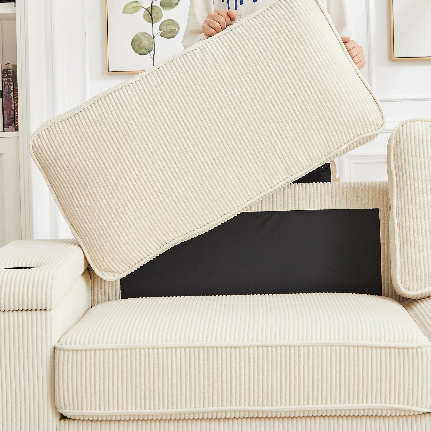 Canapé 3 places en velours côtelé beige avec ports USB et porte-gobelets