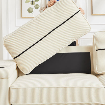 Canapé 3 places en velours côtelé beige avec ports USB et porte-gobelets