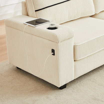 Canapé 3 places en velours côtelé beige avec ports USB et porte-gobelets