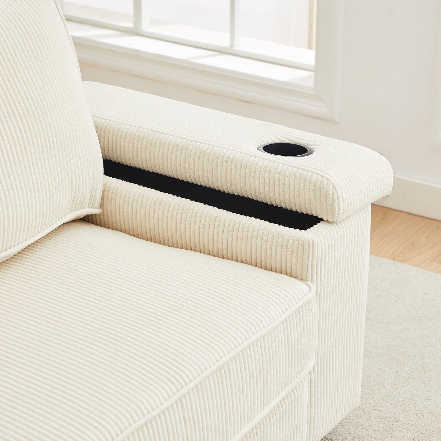 Canapé 3 places en velours côtelé beige avec ports USB et porte-gobelets