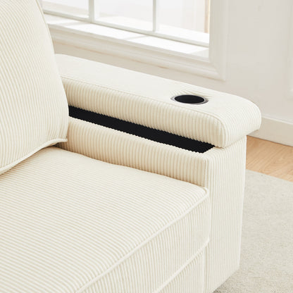 Canapé 3 places en velours côtelé beige avec ports USB et porte-gobelets