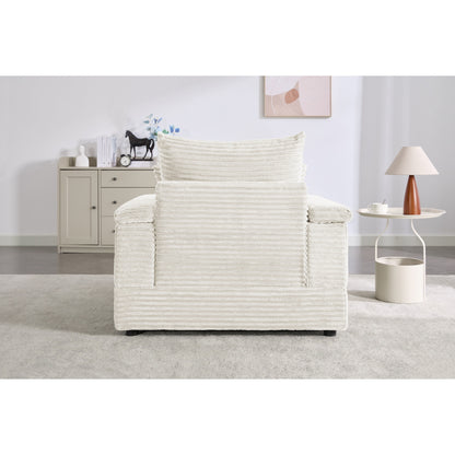 Canapé simple en velours côtelé beige avec pouf et accoudoir de rangement