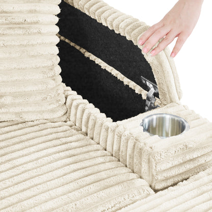 Canapé simple en velours côtelé beige avec pouf et accoudoir de rangement