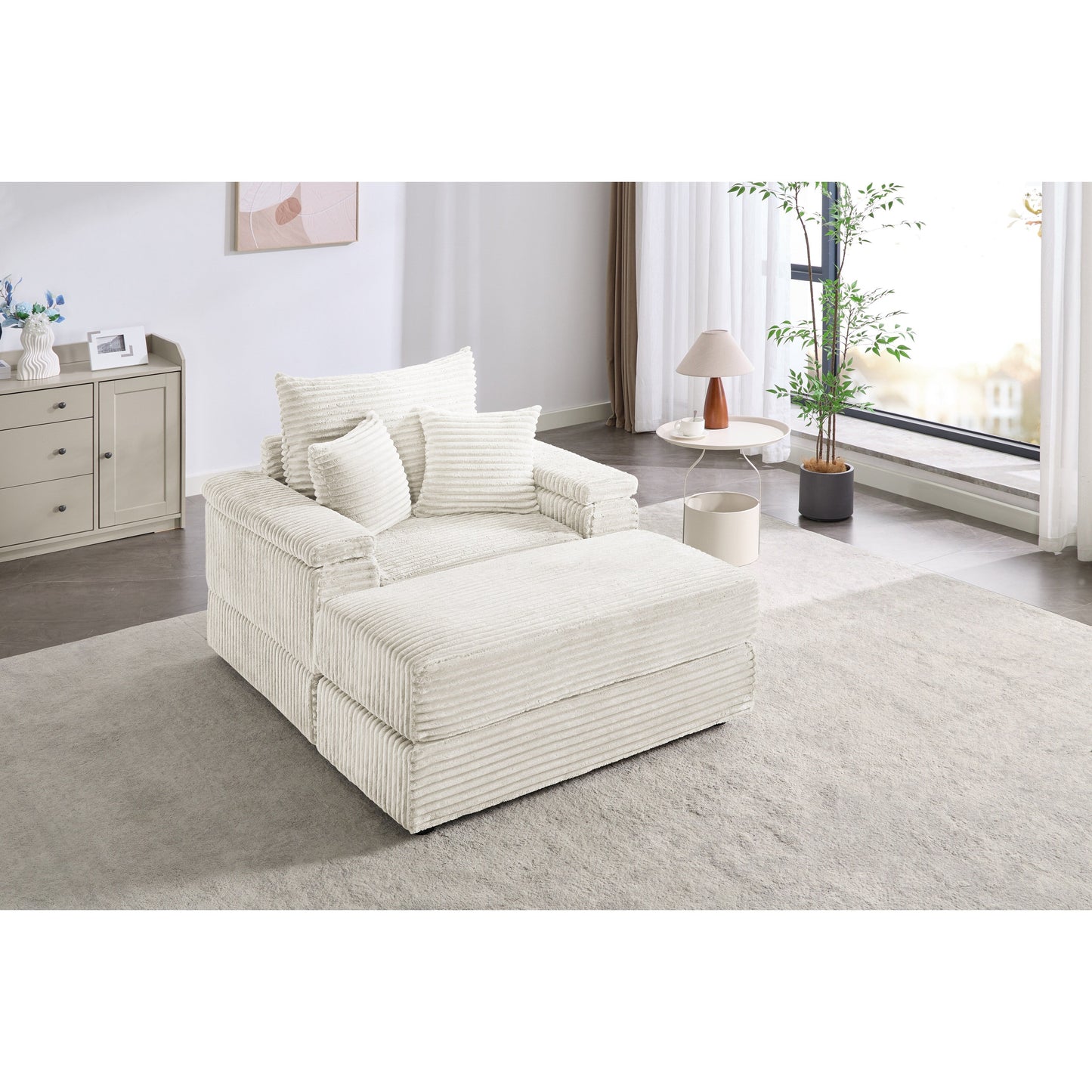 Canapé simple en velours côtelé beige avec pouf et accoudoir de rangement