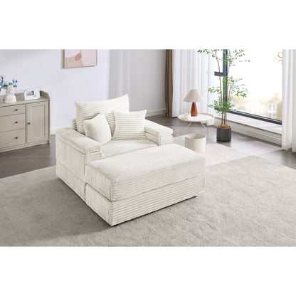Canapé simple en velours côtelé beige avec pouf et accoudoir de rangement