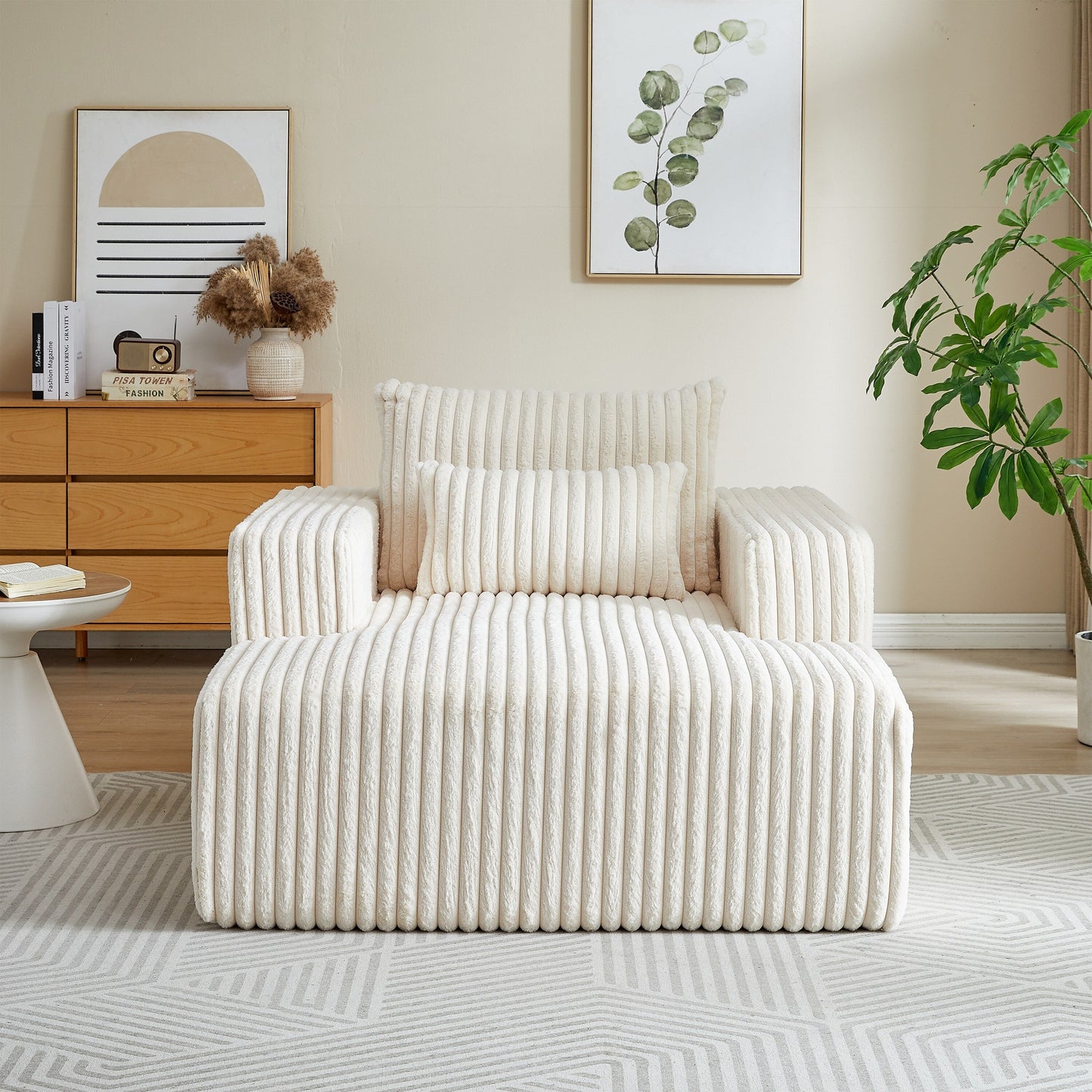 Fauteuil de salon en velours côtelé beige avec 2 coussins