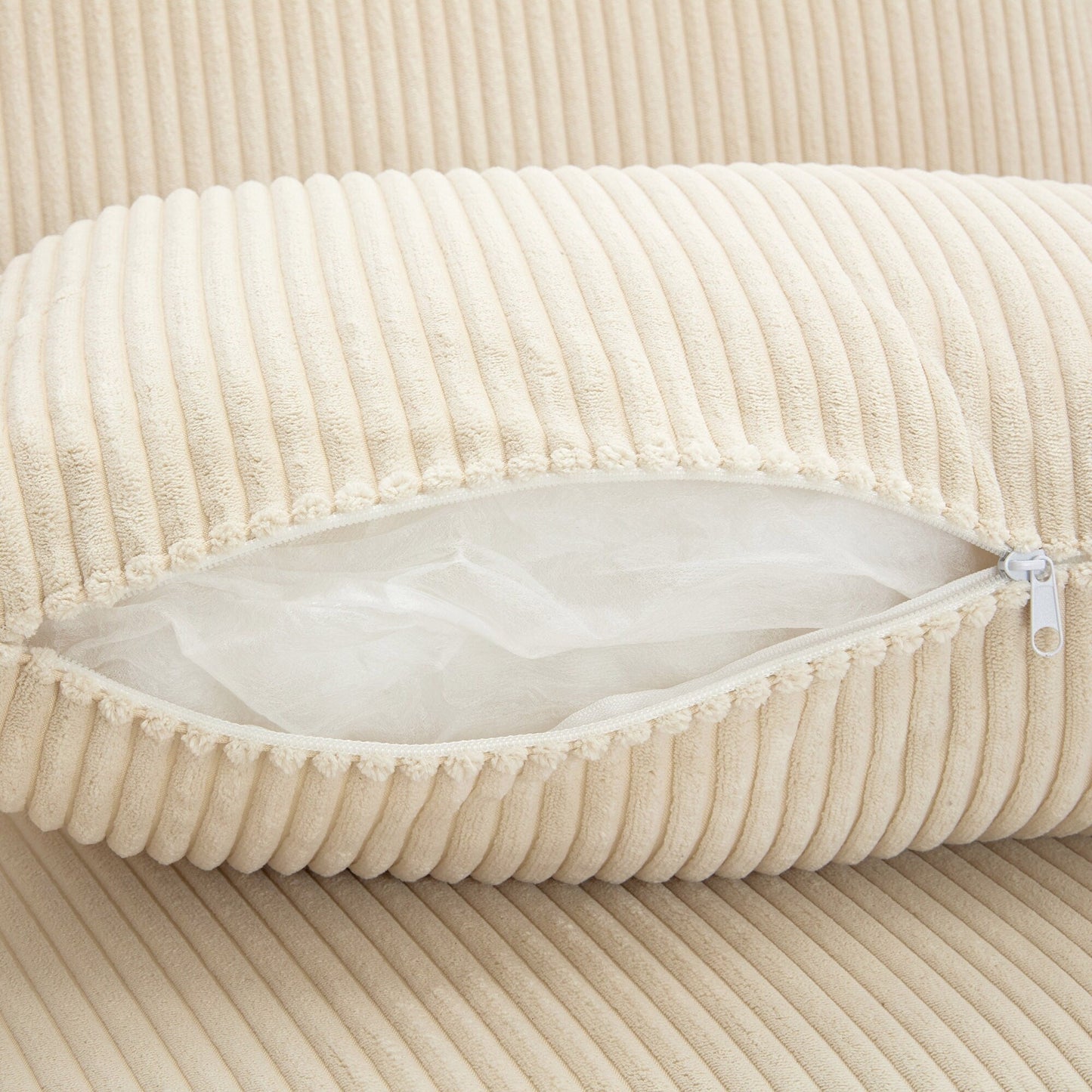 Canapé 3 places rembourré en velours côtelé beige avec coussins amovibles