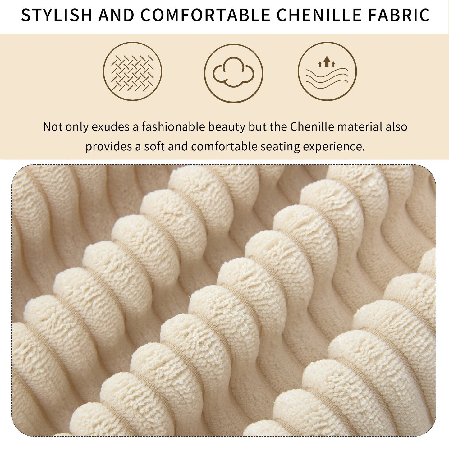 Canapé 3 places rembourré en velours côtelé beige avec coussins amovibles