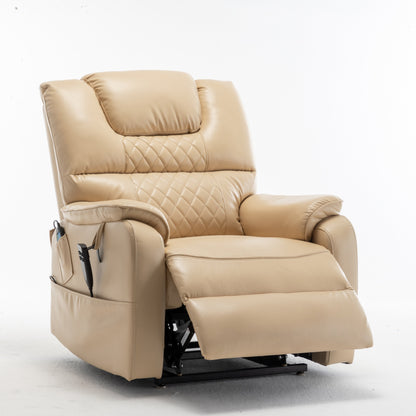 Fauteuil inclinable électrique beige pour personnes âgées, inclinable à 180°, moteur OKIN, assise large et poches latérales.