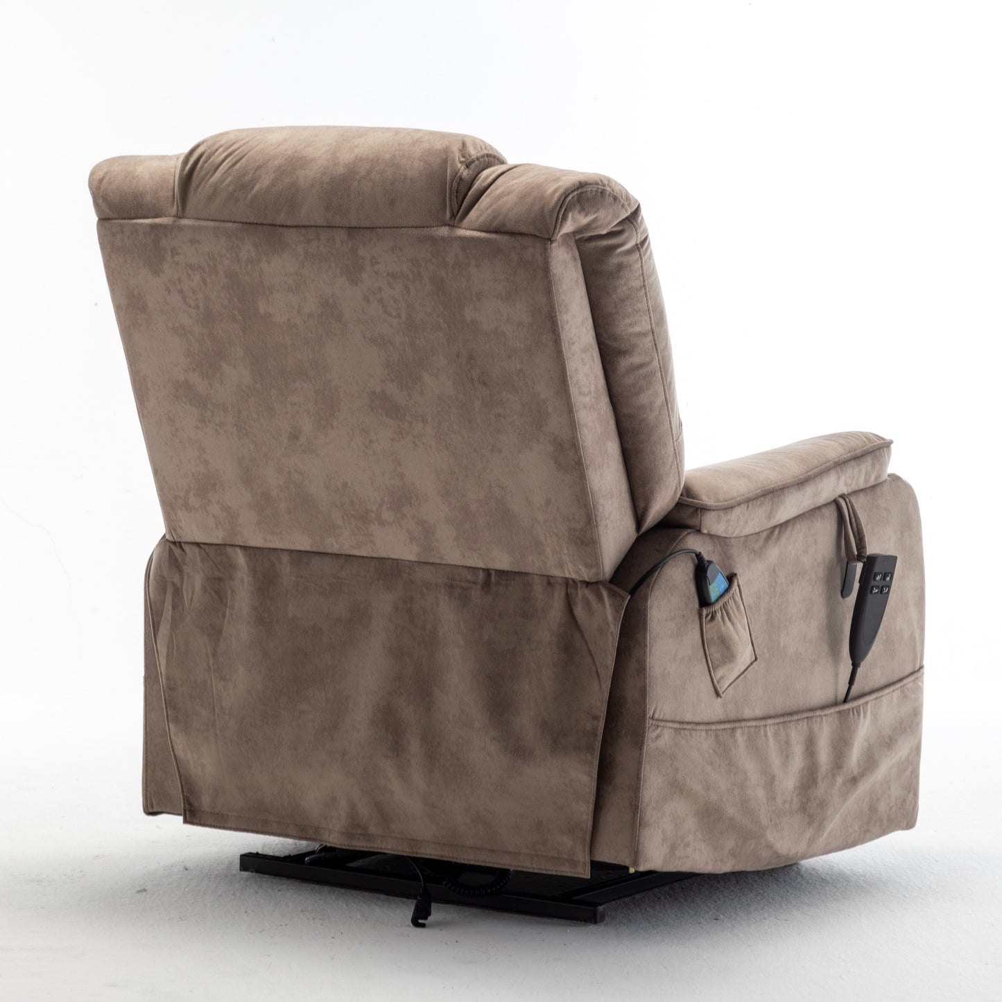 Fauteuil inclinable électrique beige pour personnes âgées, inclinable à 180°, moteur OKIN, assise large et poches latérales.