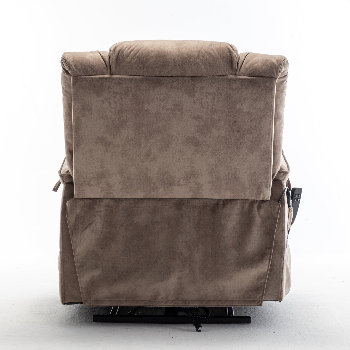 Fauteuil inclinable électrique beige pour personnes âgées, inclinable à 180°, moteur OKIN, assise large et poches latérales.