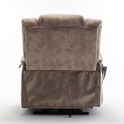 Fauteuil inclinable électrique beige pour seniors avec moteur OKIN, inclinaison complète à 180°, assise large et poches de rangement latérales.