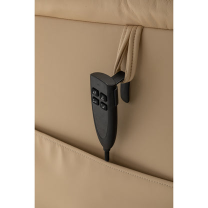 Fauteuil inclinable électrique beige pour seniors avec moteur OKIN, inclinaison complète à 180°, assise large et poches de rangement latérales.