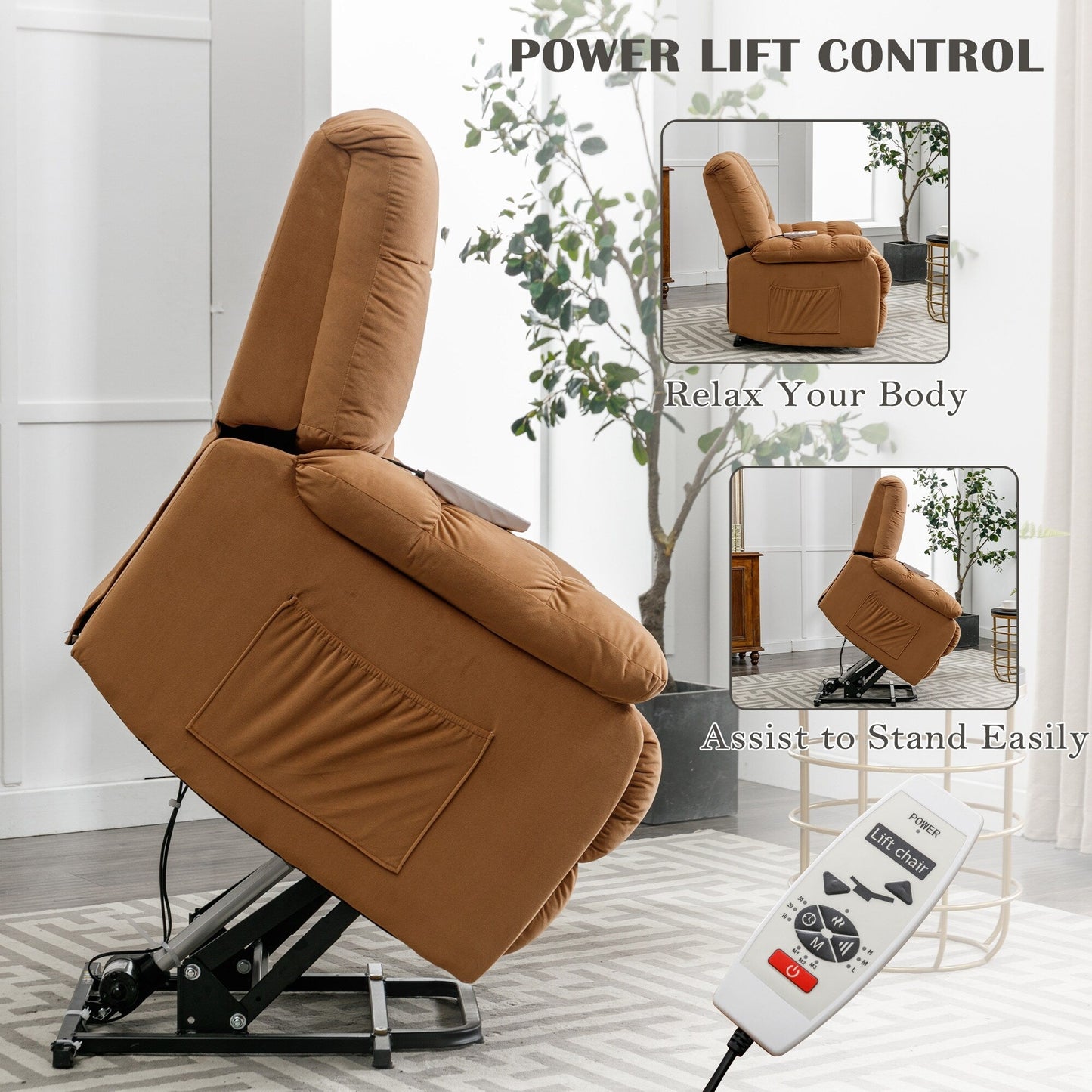 Fauteuil inclinable électrique beige avec chauffage, massage par vibrations et rangement latéral pour une expérience de salon relaxante