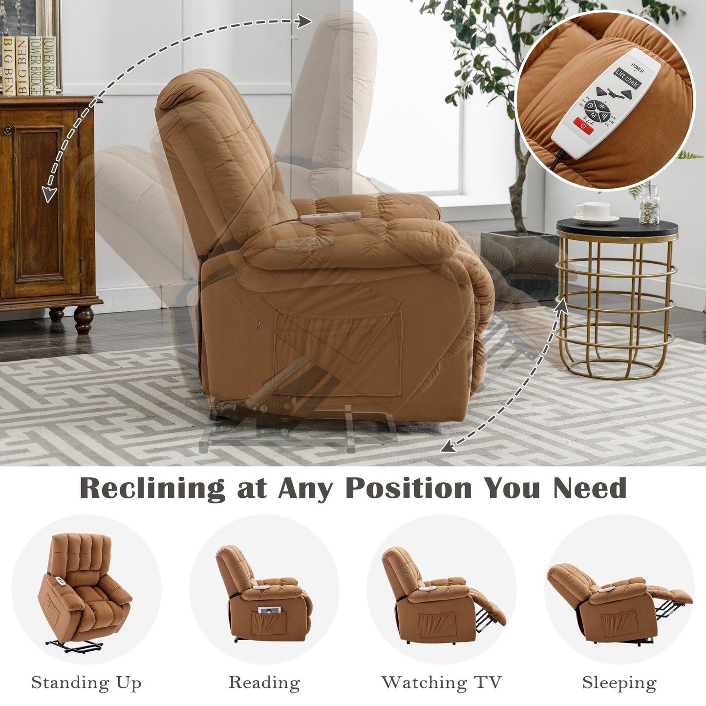 Fauteuil inclinable électrique beige avec chauffage, massage par vibrations et rangement latéral pour une expérience de salon relaxante