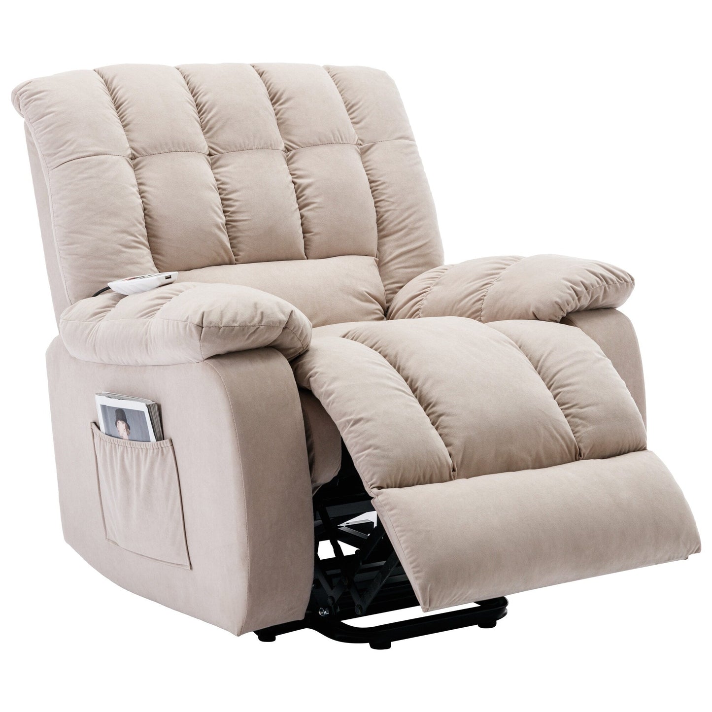 Fauteuil inclinable électrique beige avec chauffage, massage par vibrations et rangement latéral pour une expérience de salon relaxante