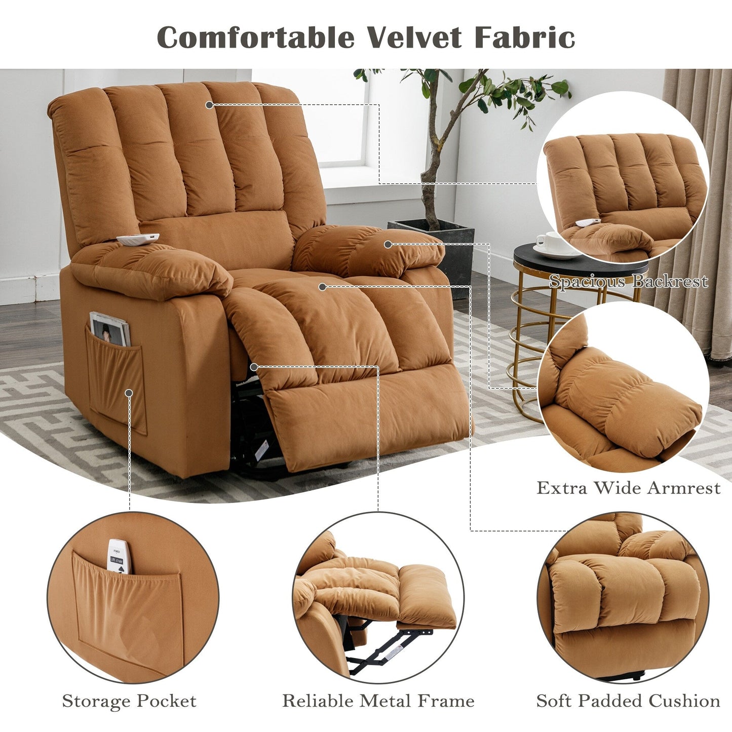 Fauteuil inclinable électrique beige avec chauffage, massage par vibrations et rangement latéral pour une expérience de salon relaxante