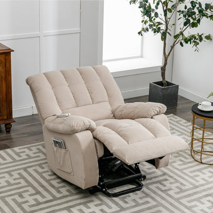 Fauteuil inclinable électrique beige avec chauffage, massage par vibrations et poches de rangement latérales pour le salon