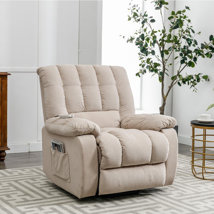 Fauteuil inclinable électrique beige avec chauffage, massage par vibrations et poches de rangement latérales pour le salon