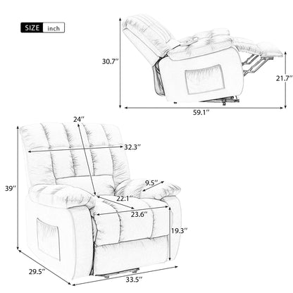 Fauteuil inclinable électrique beige avec chauffage, massage par vibrations et poches de rangement latérales pour le salon