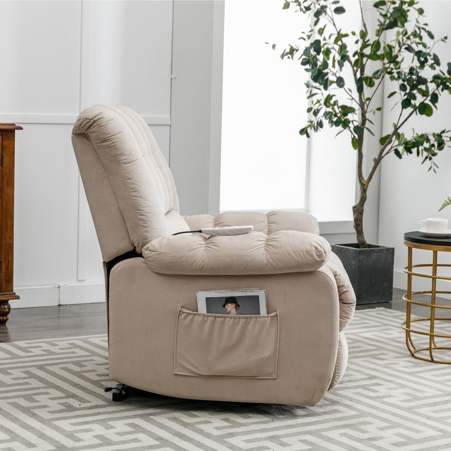 Fauteuil inclinable électrique beige avec chauffage, massage et poche de rangement pour salon/chambre