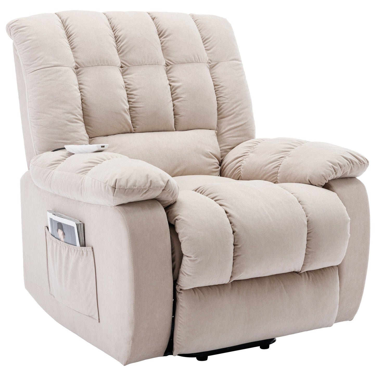 Fauteuil inclinable électrique beige avec chauffage, massage et poche de rangement pour salon/chambre