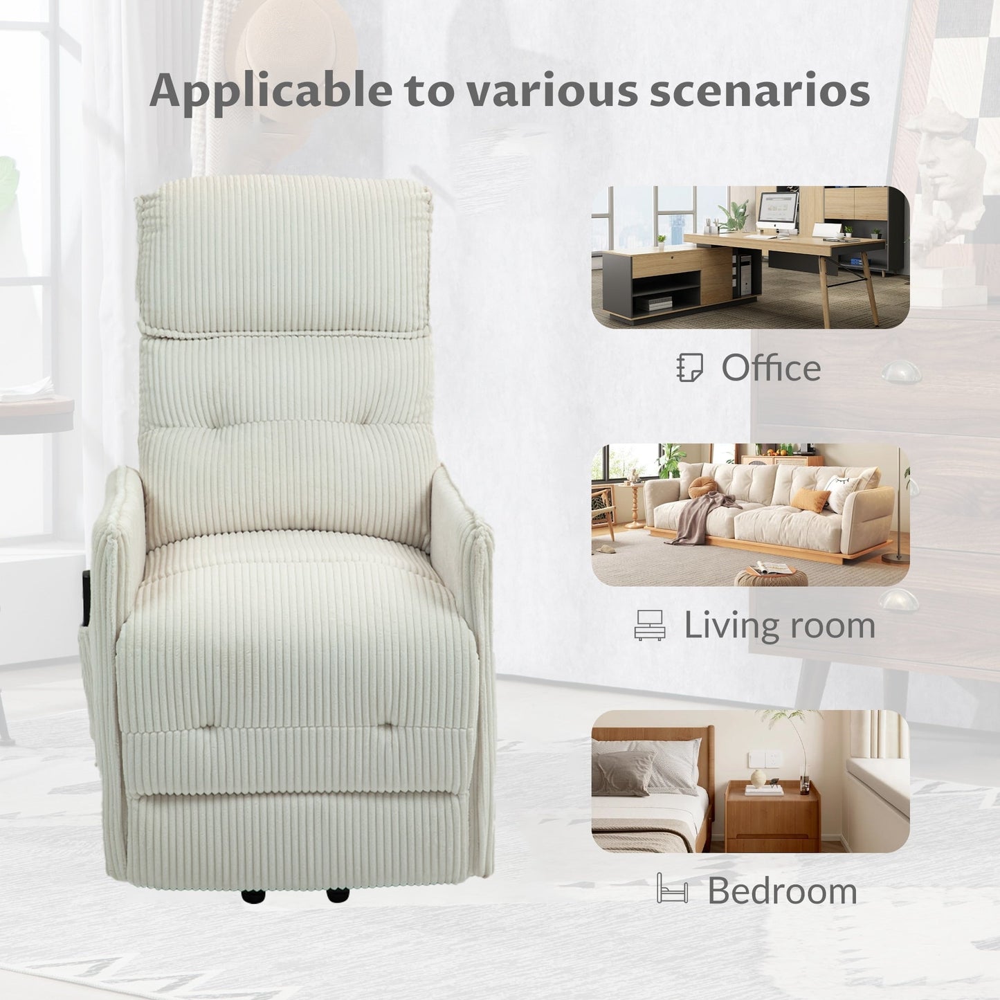 Fauteuil inclinable électrique beige avec poches latérales, ressorts ensachés et coussin moelleux pour salon et chambre