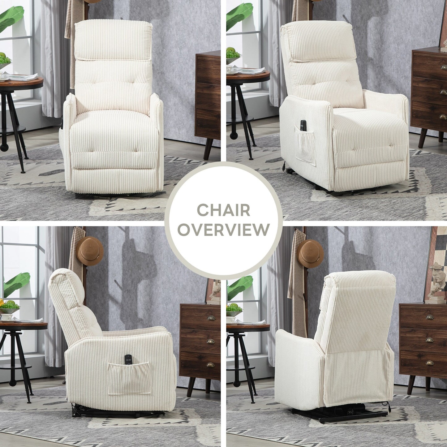 Fauteuil inclinable électrique beige avec poches latérales, ressorts ensachés et coussin moelleux pour salon et chambre