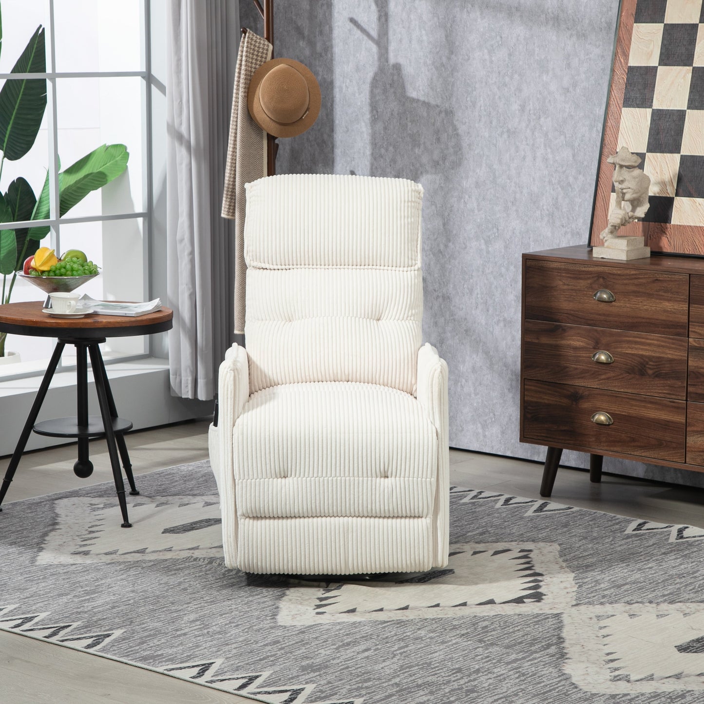 Fauteuil inclinable électrique beige avec poches latérales, ressorts ensachés et coussin moelleux pour salon et chambre