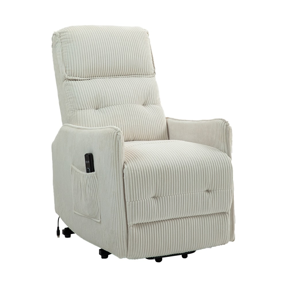 Fauteuil inclinable électrique beige avec poches latérales, ressorts ensachés et coussin moelleux pour salon et chambre