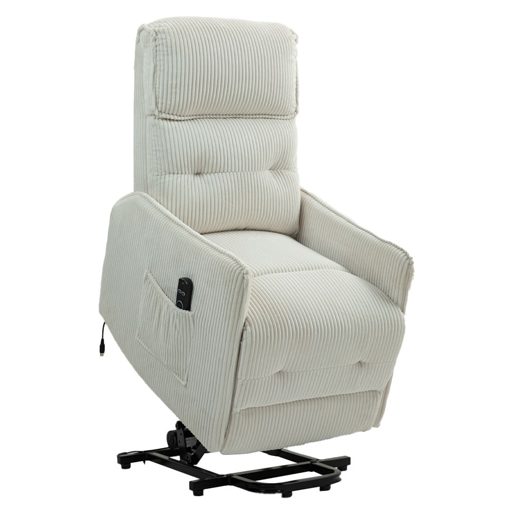 Fauteuil inclinable électrique beige avec poches latérales, ressorts ensachés et coussin moelleux pour salon et chambre